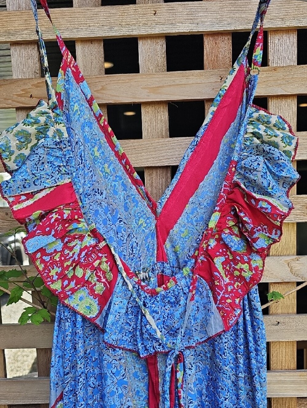 Bohemian Blue Floral SILK Maxi Dress with Red Accent - Picture 9 of 13